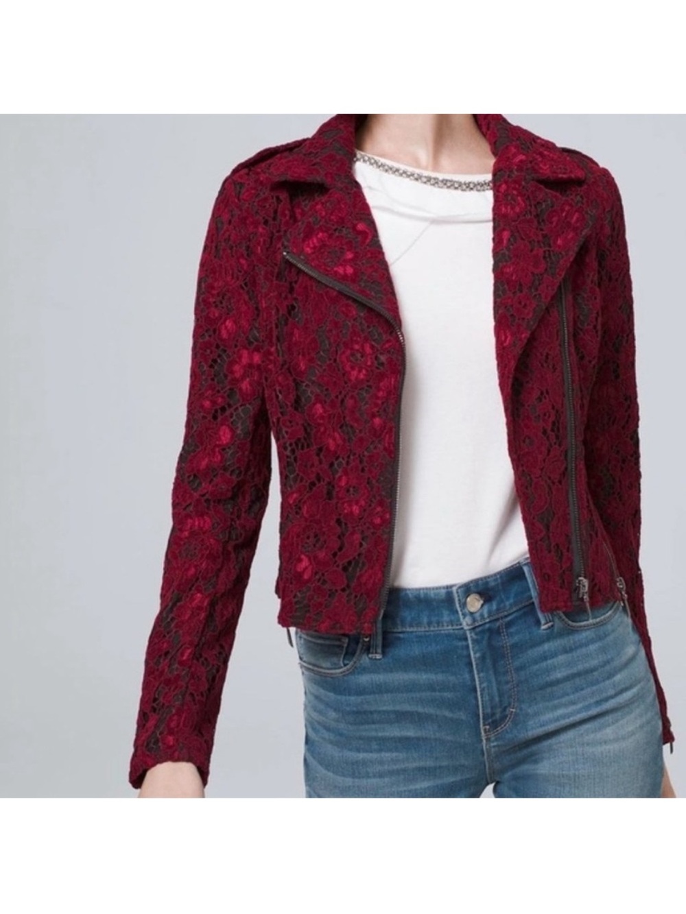 White House Black Market Wine Lace Moto Jacket